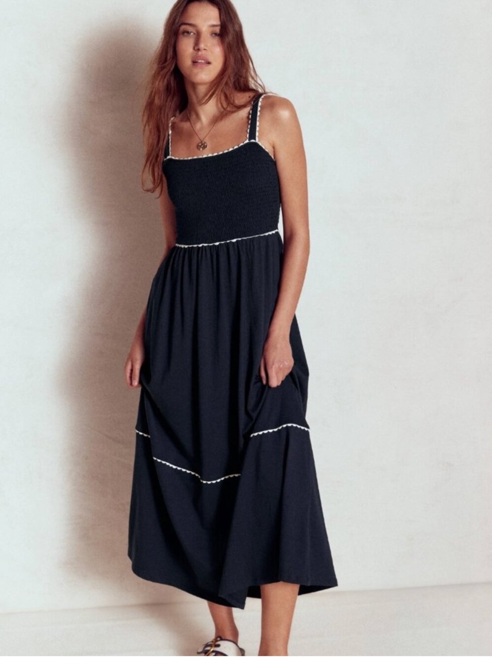Boden Smocked Trim Navy Maxi Dress White Scallop Accent Size 8 R